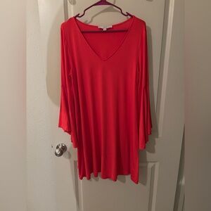 LOFT Bright Red V-Neck Tunic Dress with Flare Sleeves - Modest, Bell Sleeves